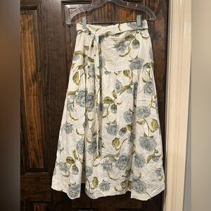 En Saison White Midi Skirt with Blue Floral and Olive Leaves